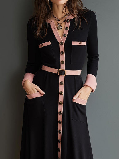 Black Button Down Midi Sweater Dress With Side Pockets