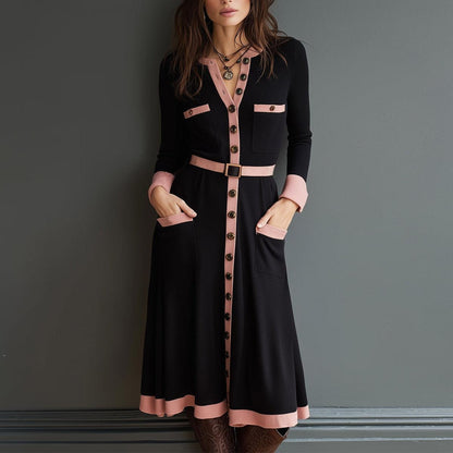 Black Button Down Midi Sweater Dress With Side Pockets