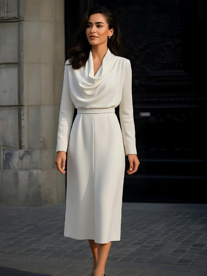 Classic White Long Sleeve Plain Midi Dress With Draped Bodice