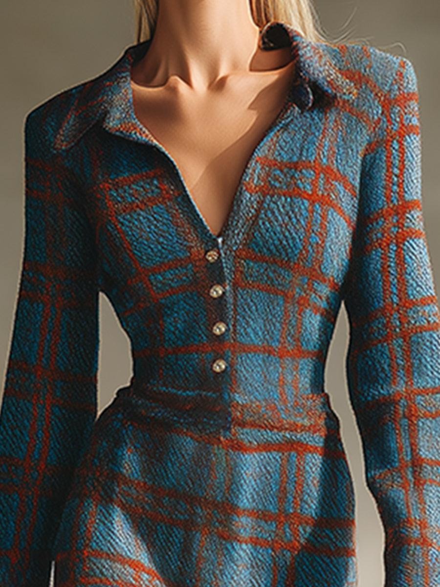 Blue Check Long Sleeve Button Down Midi Dress