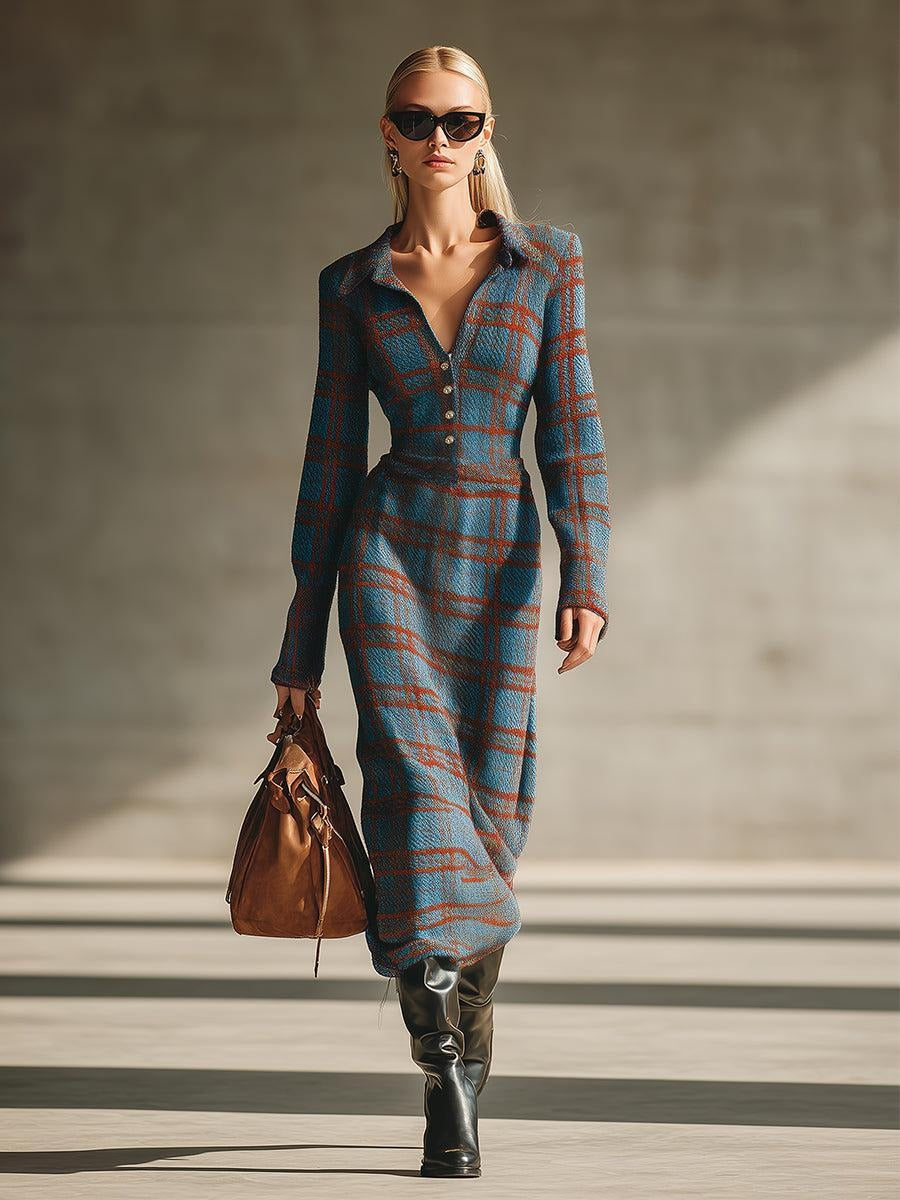 Blue Check Long Sleeve Button Down Midi Dress