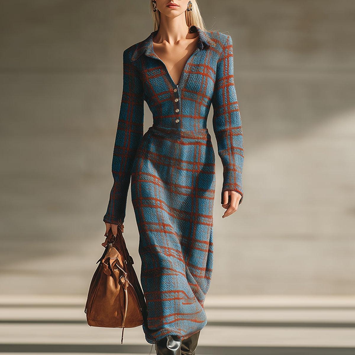 Blue Check Long Sleeve Button Down Midi Dress