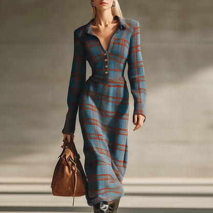 Blue Check Long Sleeve Button Down Midi Dress