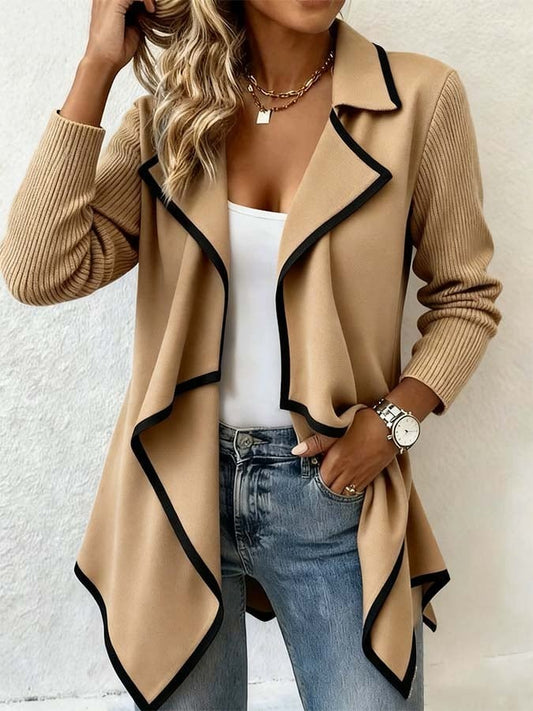 Brown Longline Open Front Cardigan With Black Trim