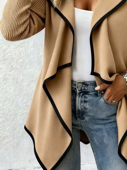 Brown Longline Open Front Cardigan With Black Trim