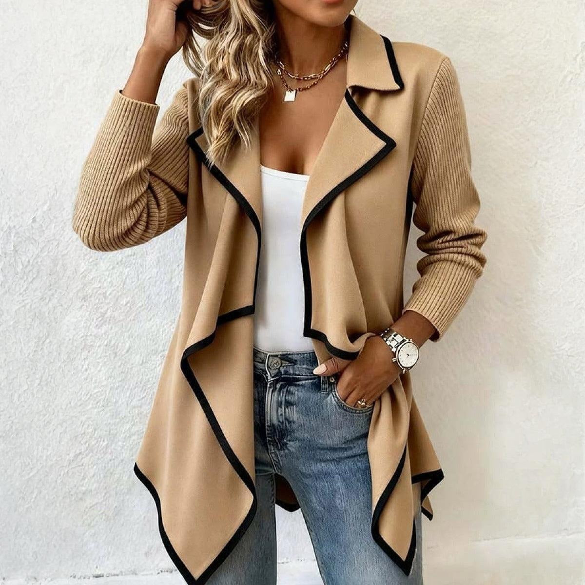 Brown Longline Open Front Cardigan With Black Trim