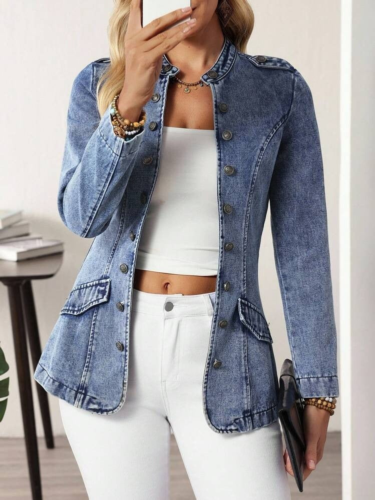 Stylish Collarless Plain Blue Denim Outerwear