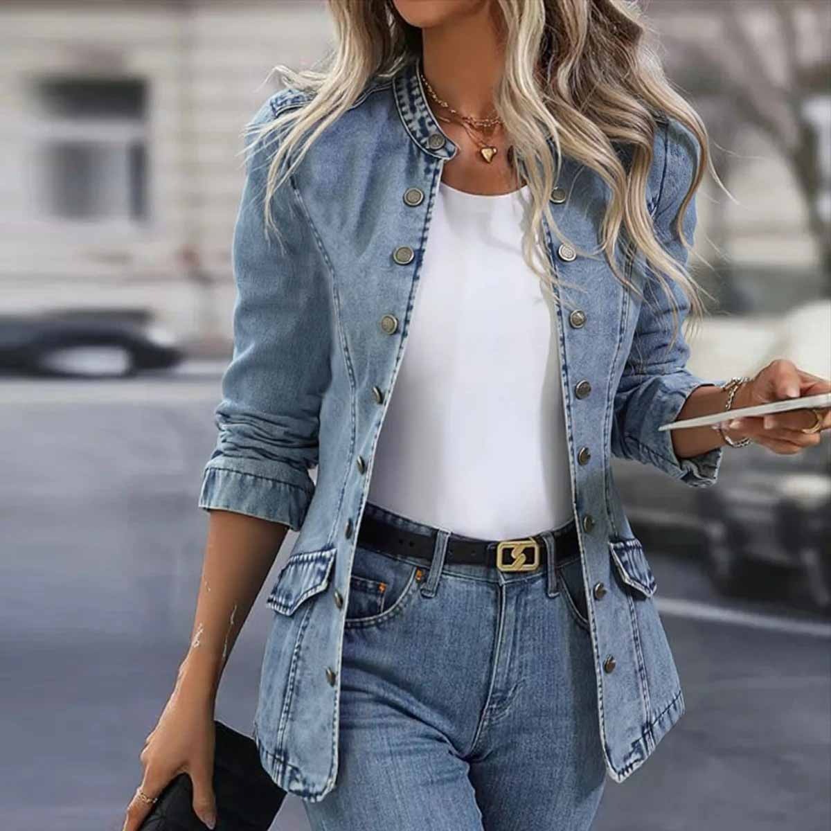 Stylish Collarless Plain Blue Denim Outerwear