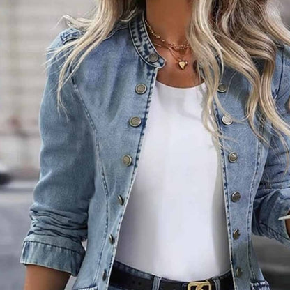Stylish Collarless Plain Blue Denim Outerwear