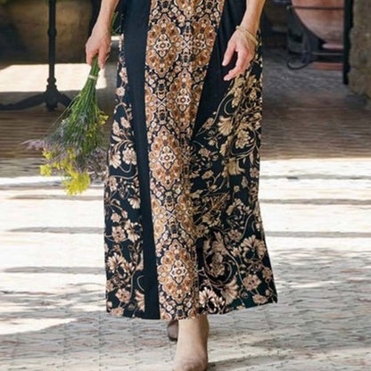 Groovy Black Floral Print Round Neck Maxi Dress