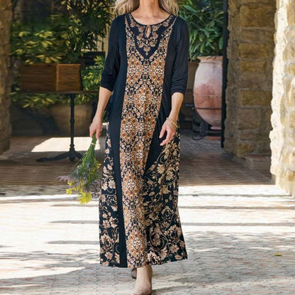 Groovy Black Floral Print Round Neck Maxi Dress
