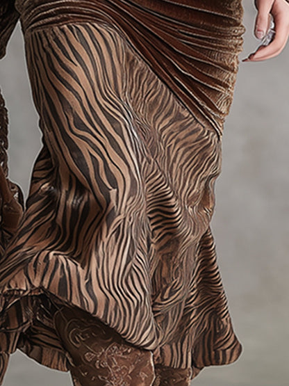 Elegant And Exquisite Brown Chenille Patchwork Tiger Print Midi Dress
