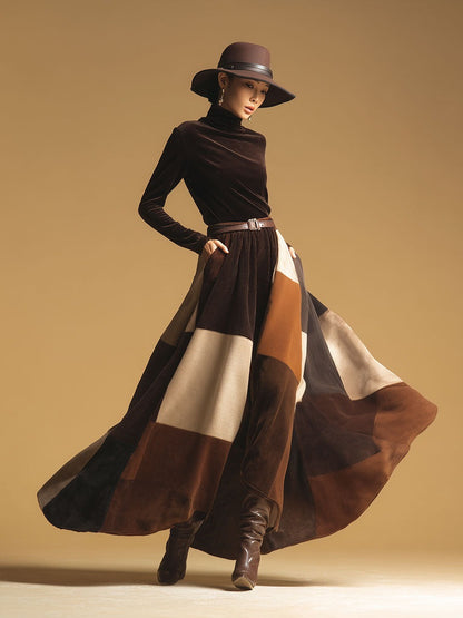 Retro Fashion High Neck Velvet Print Maxi Dress