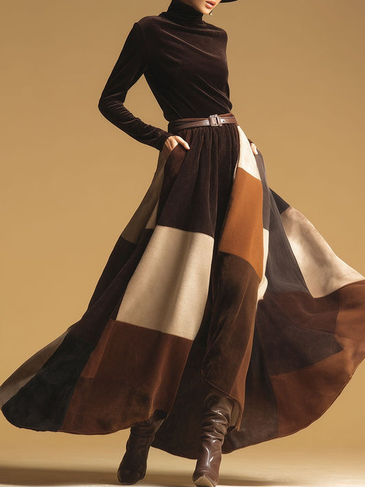 Retro Fashion High Neck Velvet Print Maxi Dress