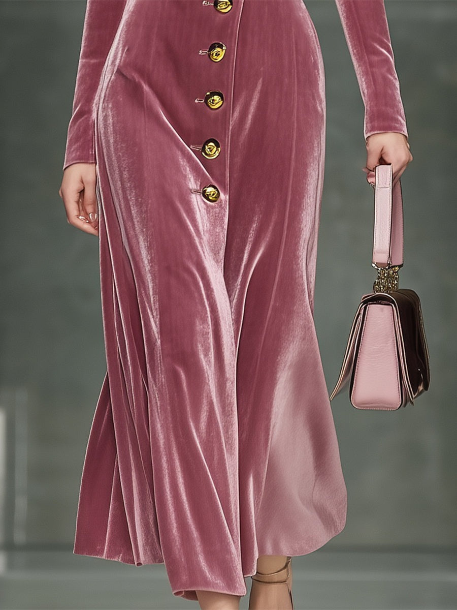 Elegant Pink Velvet Button-fastening Maxi Dress