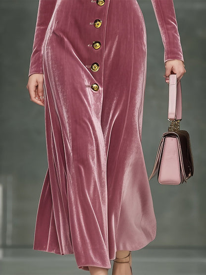 Elegant Pink Velvet Button-fastening Maxi Dress
