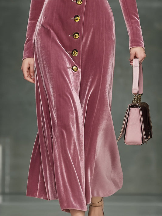 Elegant Pink Velvet Button-fastening Maxi Dress
