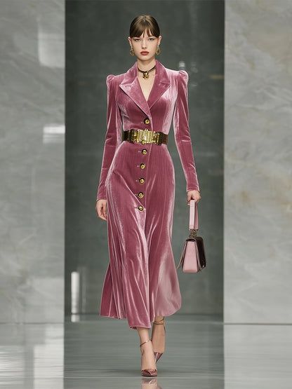 Elegant Pink Velvet Button-fastening Maxi Dress