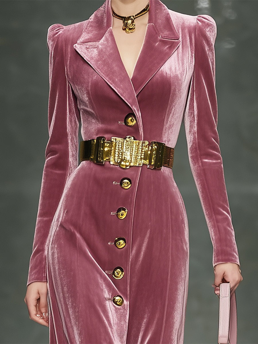Elegant Pink Velvet Button-fastening Maxi Dress