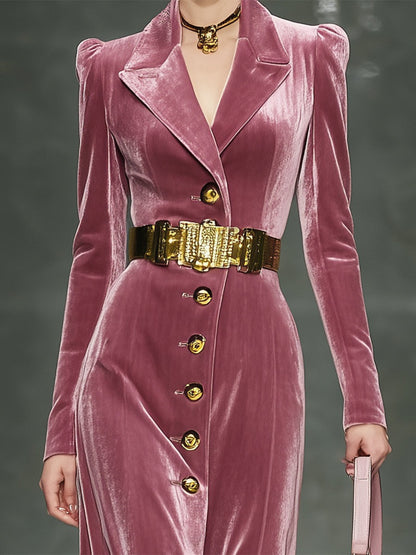Elegant Pink Velvet Button-fastening Maxi Dress