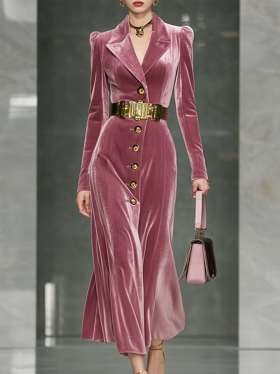 Elegant Pink Velvet Button-fastening Maxi Dress