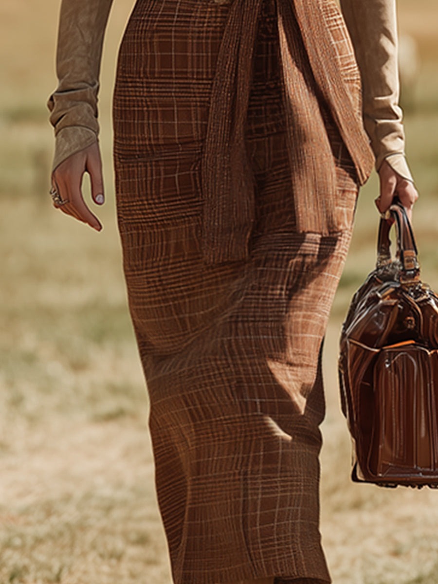 Vintage Western Khaki Faux Suede Plaid V-Neck Maxi Dress