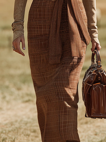 Vintage Western Khaki Faux Suede Plaid V-Neck Maxi Dress