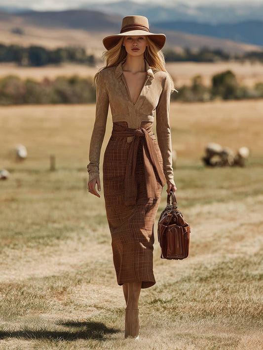 Vintage Western Khaki Faux Suede Plaid V-Neck Maxi Dress