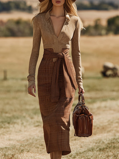 Vintage Western Khaki Faux Suede Plaid V-Neck Maxi Dress