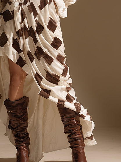 Retro Bohemian White And Brown Checkered V-neck Velvet Maxi Dress