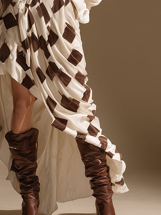 Retro Bohemian White And Brown Checkered V-neck Velvet Maxi Dress