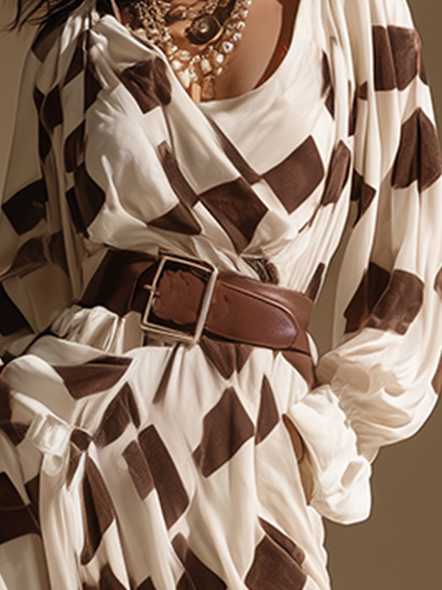 Retro Bohemian White And Brown Checkered V-neck Velvet Maxi Dress