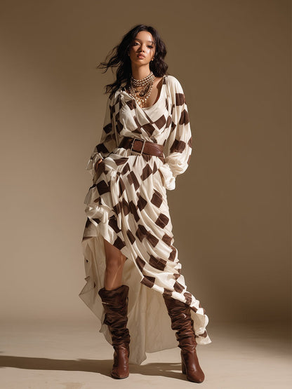 Retro Bohemian White And Brown Checkered V-neck Velvet Maxi Dress
