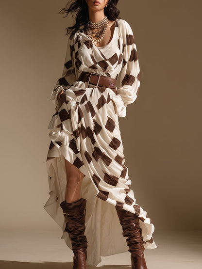 Retro Bohemian White And Brown Checkered V-neck Velvet Maxi Dress