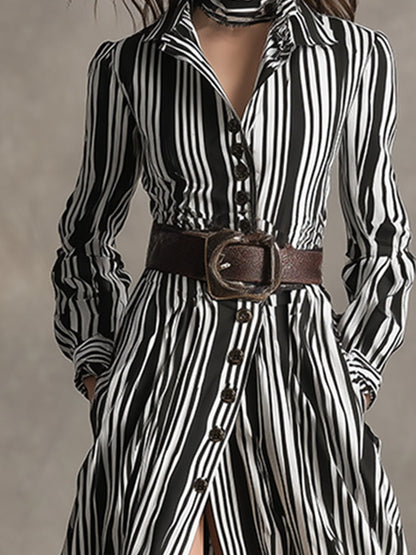 Retro Ethnic Style Lapel Front Zipper Belt Black And White Striped Maxi Dress