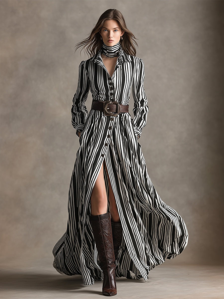 Retro Ethnic Style Lapel Front Zipper Belt Black And White Striped Maxi Dress