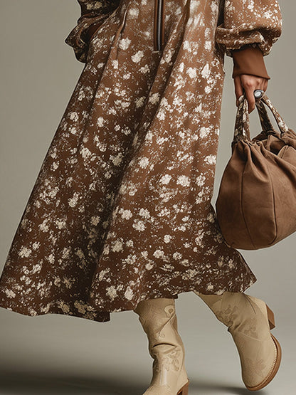 Retro Casual Loose Printed Brown Half-Zip Sweatshirt Maxi Dress Regular Price