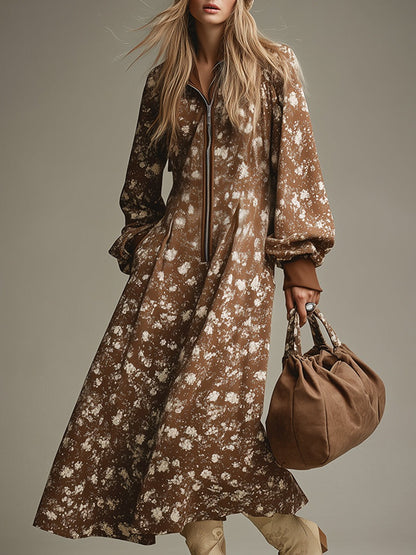 Retro Casual Loose Printed Brown Half-Zip Sweatshirt Maxi Dress Regular Price