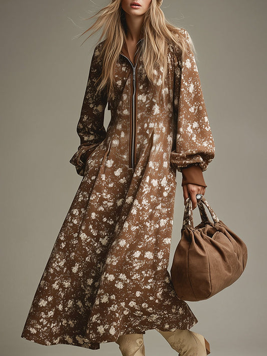 Retro Casual Loose Printed Brown Half-Zip Sweatshirt Maxi Dress Regular Price