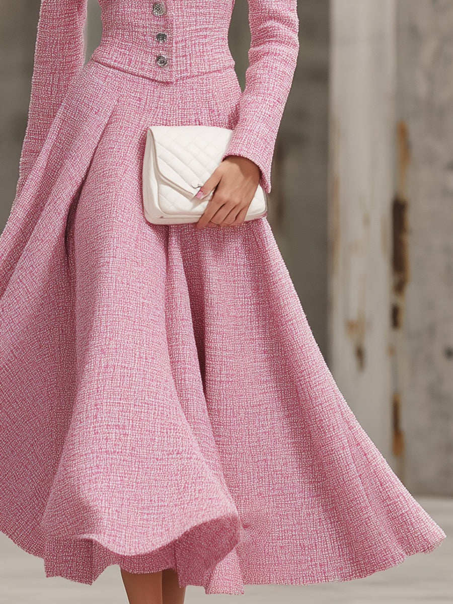 Elegant Pink Tweed Stand-up Collar Button-down With A Large Hem Maxi Dress