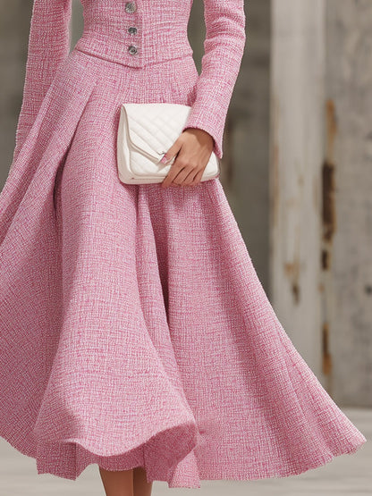 Elegant Pink Tweed Stand-up Collar Button-down With A Large Hem Maxi Dress