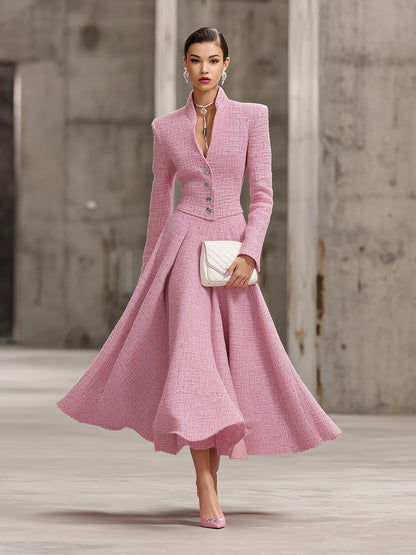Elegant Pink Tweed Stand-up Collar Button-down With A Large Hem Maxi Dress