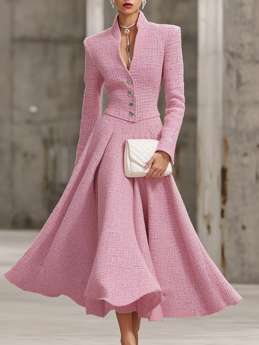 Elegant Pink Tweed Stand-up Collar Button-down With A Large Hem Maxi Dress