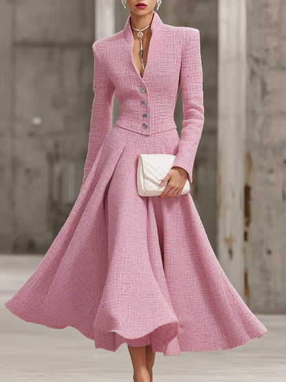 Elegant Pink Tweed Stand-up Collar Button-down With A Large Hem Maxi Dress