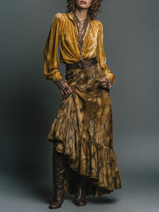 Vintage Pleated Velvet Shirt Snake Print Ruffled Skirt Set