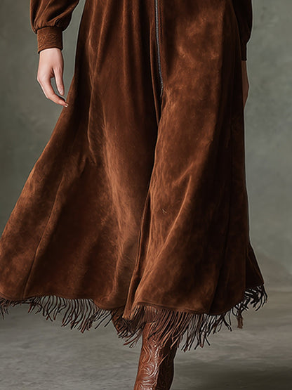 Exquisite Vintage Embroidery Front Zipper Brown Faux Suede Maxi Dress