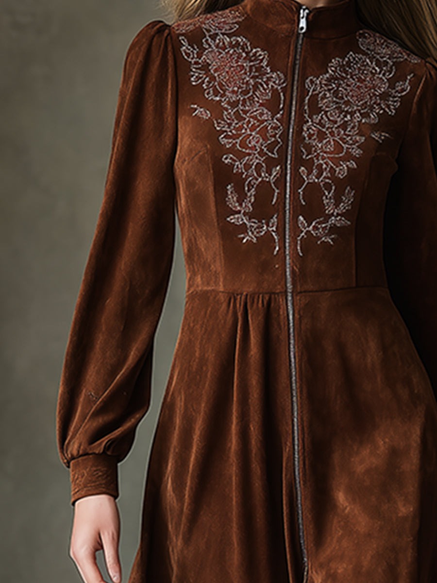 Exquisite Vintage Embroidery Front Zipper Brown Faux Suede Maxi Dress