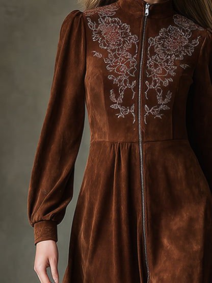 Exquisite Vintage Embroidery Front Zipper Brown Faux Suede Maxi Dress