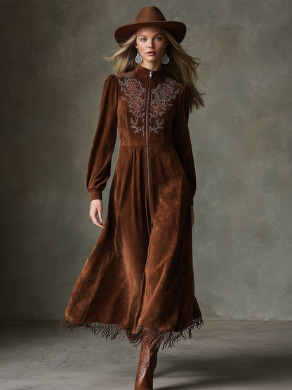 Exquisite Vintage Embroidery Front Zipper Brown Faux Suede Maxi Dress