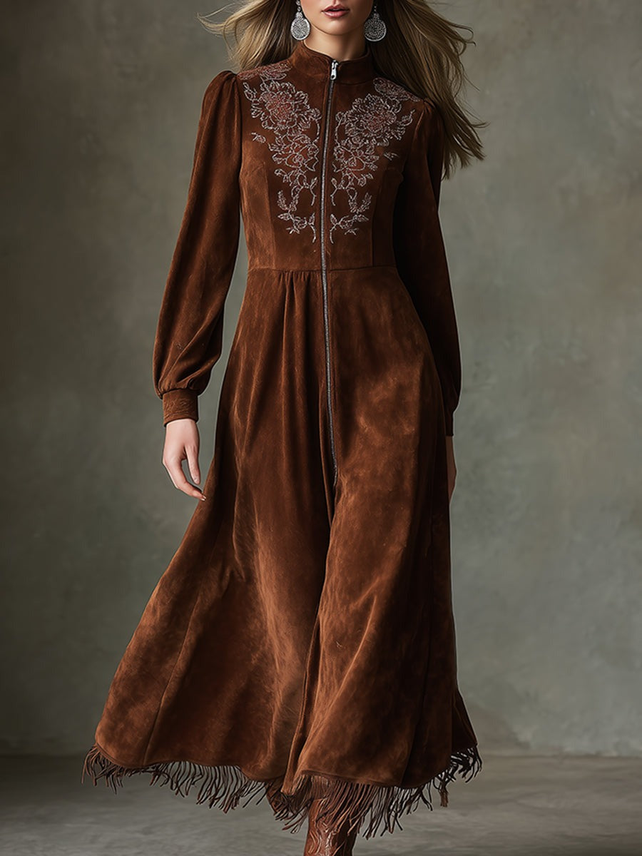 Exquisite Vintage Embroidery Front Zipper Brown Faux Suede Maxi Dress